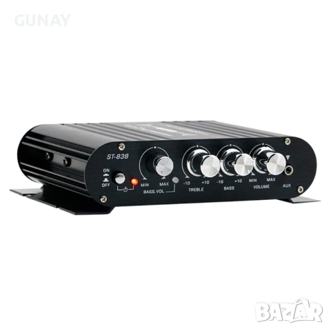 Аудио Усилвател ST-838 2.1 Канали за Кола и Дом, 2x20W + 40W Субуфер, Черен Цвят, снимка 4 - Аксесоари и консумативи - 54192855