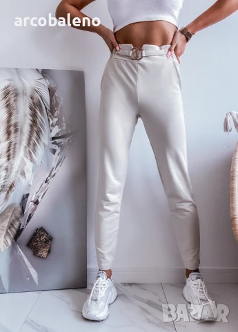 Вталени дамски памучни панталони с декоративна лента на талията, снимка 5 - Панталони - 51067990