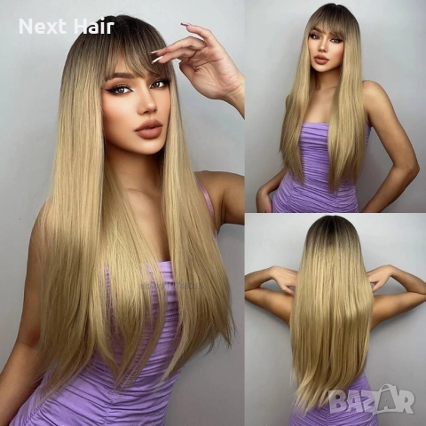 Стилна синтетична перука русо омбре с тъмни корени и бретон, 70 см, снимка 7 - Аксесоари за коса - 52900080