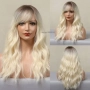 Светло руса омбре чуплива перука 60 см с тъмни корени и бретон, снимка 2