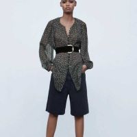 Дамска блуза с копчета и щампа Zara, 100% полиестер, Многоцветна, XL, снимка 1 - Блузи с дълъг ръкав и пуловери - 45524845