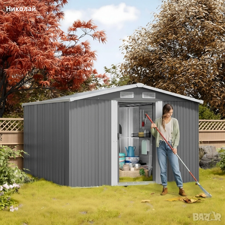 Метална градинска къща за инструменти с вентилация и заключване - голяма, снимка 1