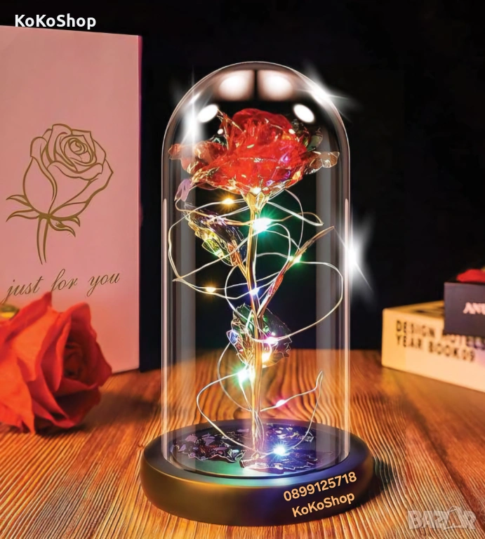 Роза в стъкленица с LED светлини – елегантен подарък, снимка 1