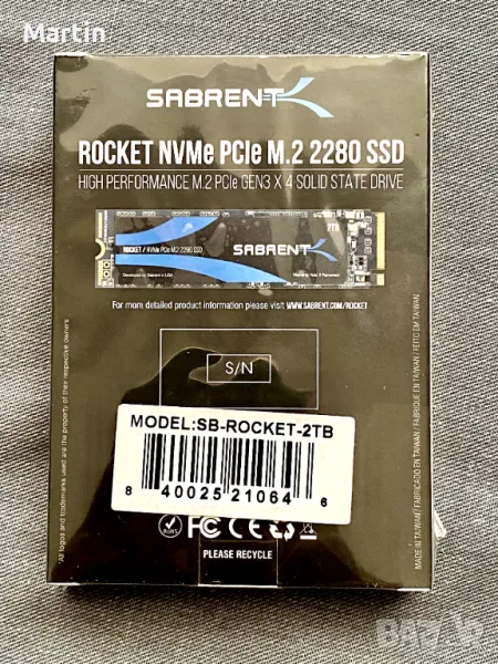 SABRENT M.2 NVMe SSD 2TB 3400MB/s Read, PCIe 3.0 X4 2280, снимка 1