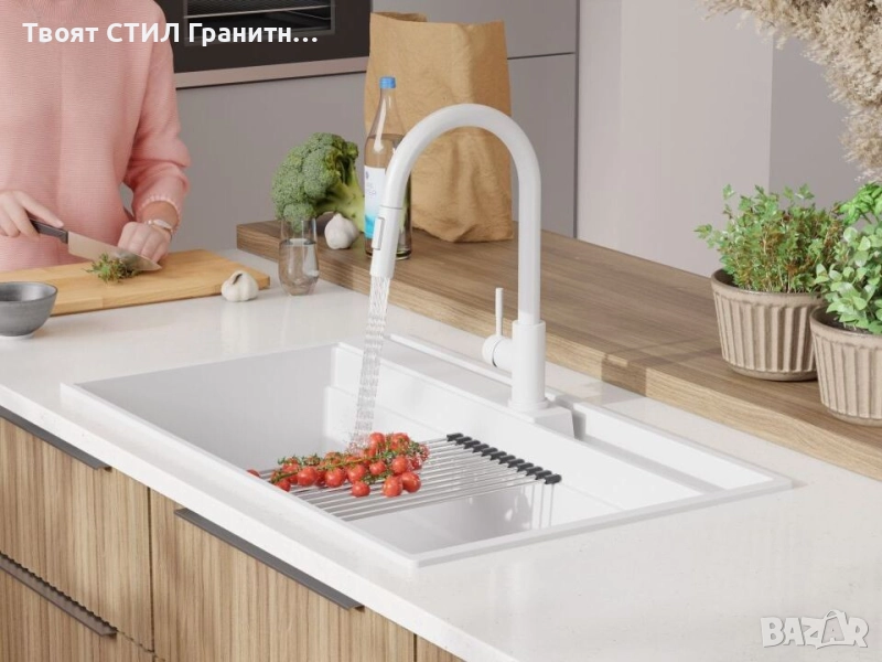 Бяла гранитна кухненска мивка Осло 90 Pocket 880x530 мм, снимка 1