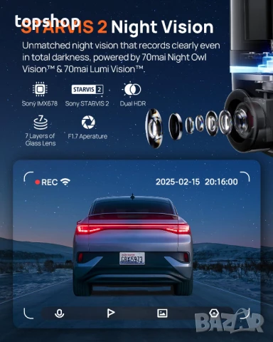 Нова 4K Omni X800, 70mai Двойна видеорегистраторна камера отпред и отзад 4K със Sony IMX678..., снимка 7 - Аксесоари и консумативи - 51045544