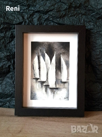 Лодки, въглен, малка картина, оригинал, снимка 3 - Картини - 53692488