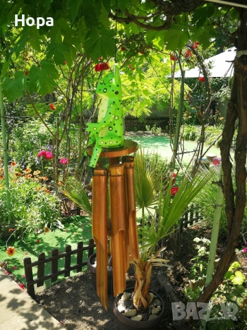 Вятърен звънец от дърво и бамбук Жаба, снимка 2 - Градински мебели, декорация  - 53968203