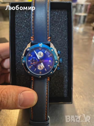 Мъжки бизнес аналогов кварцов часовник MEGIR с модна синя кожена каишка, хронограф, светещ , снимка 3 - Мъжки - 53214192