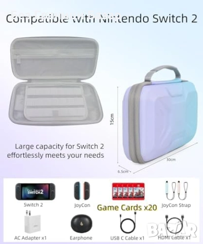 Нов кейс Калъф Nintendo Switch 2 2025 твърд EVA, водоустойчив, 20 игри слот, снимка 2 - Друга електроника - 53692306