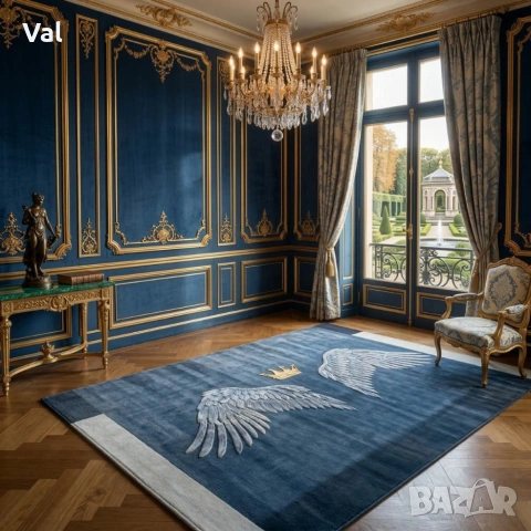 Модерен килим за хол 120х160см - Тъмносин с крила и корона и 3D ефект, Противоплъзгащ, снимка 3 - Килими - 53932942
