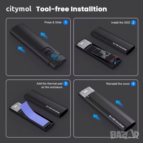 M.2 NVMe SSD кутия, 10Gbps, M.2 SSD към USB 3.1, кабел 2 в 1, Windows7/8/10/11, Mac OS, Linux,, снимка 3 - Други - 52225982