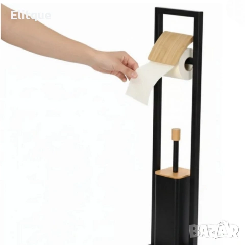 Стойка 2в1 Cheffinger за баня с тоалетна четка и държач за тоалетна хартия – метал и дърво, снимка 4 - Други стоки за дома - 53165365