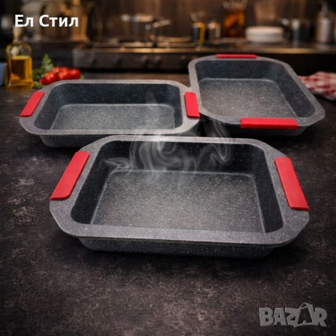 Комплект 3 тави за печене Cheffinger с мраморно покритие и силиконови дръжки, снимка 2 - Съдове за готвене - 53573253