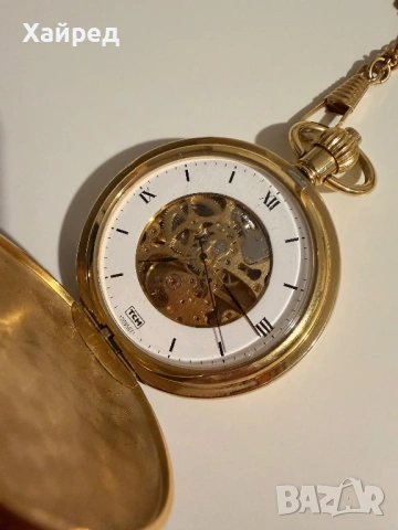 Джобен часовник TCM SKELETON с верижка. Позлатен., снимка 2 - Мъжки - 53978158