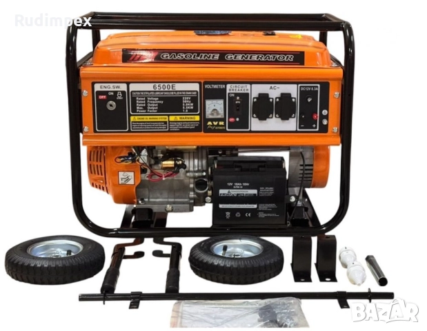 Генератор за ток 5.5 kW, бензинов, монофазен, AVR, електрически стартер, 100% медни намотки, с колел