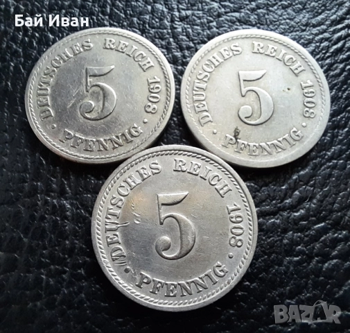 Стара монета 5 пфенига 1908 г. букви A , D и F - Германия -три разновидности !, снимка 12 - Нумизматика и бонистика - 39779148