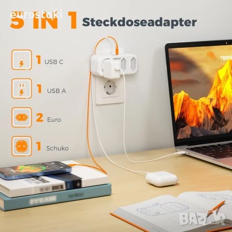 TESSAN Троен щепсел за контакт,  с USB C и USB A, 3600 W , снимка 3 - Друга електроника - 50966428