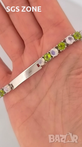 Сребърна гривна с родийно покритие, перидот и лунен камък, снимка 2 - Гривни - 52566116