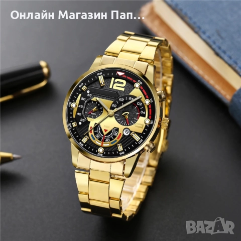 Мъжки кварцов часовник – Златист корпус, черен циферблат, календар, цветен дизайн, снимка 2 - Мъжки - 52348380
