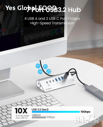 ORICO USB-C хъб 3.2 Gen 2 с 7 порта и 10Gbps скорост, снимка 3 - Джойстици и геймпадове - 52942739