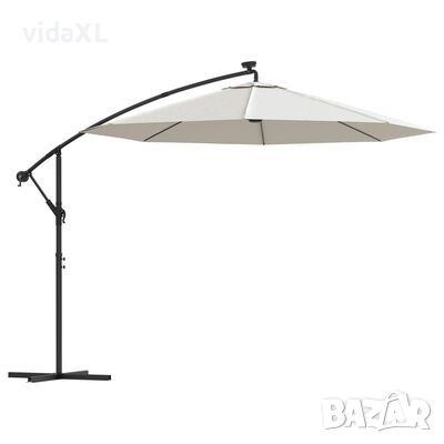 vidaXL Висящ чадър с LED осветление, 300 см, пясъчен, метален прът(SKU:42970