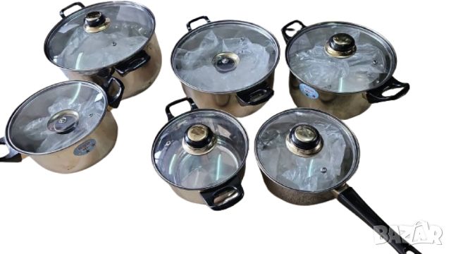 Комплект от 12 части съдове за готвене от неръждаема стомана със стъклени капаци, снимка 4 - Съдове за готвене - 45775936