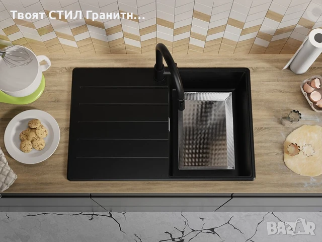 Черна кухненска гранитна мивка Копенхаген 780х500 Top 45, снимка 6 - Мивки - 51139968