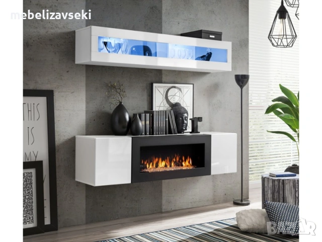 Нова! Модулна секция с камина FLY N2 (бял гланц/бяло)