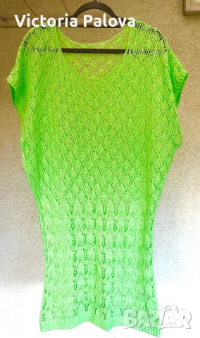 Ефектна памучна плажна рокля- туника цвят лайм  CROCHET , снимка 2 - Рокли - 54260084