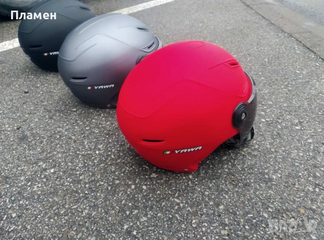 Шлем, каска за мотор скутер мотопед с визьор YAWA, черна, сива и червена , снимка 3 - Аксесоари и консумативи - 48998670