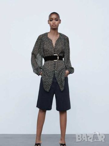 Дамска блуза с копчета и щампа Zara, 100% полиестер, Многоцветна, XL, снимка 1 - Блузи с дълъг ръкав и пуловери - 45524845