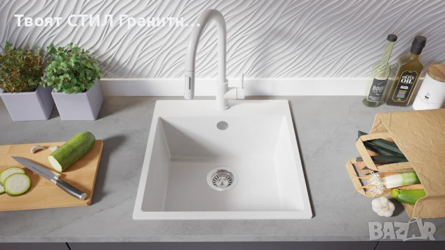 Бяла кухненска мивка от гранит Рига 50 XL 480 x 500 мм, снимка 2 - Мивки - 50846649