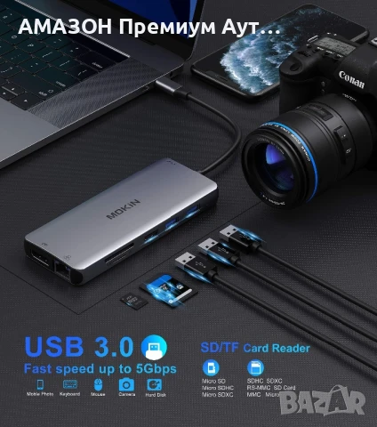 MOKiN 12в1 USB-C докинг станция за два монитора/100W PD/троен USB C хъб с 2 HDMI/DisplayPort/Gigabit, снимка 5 - Кабели и адаптери - 50737159