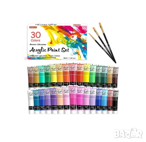 Комплект акрилни бои Shuttle Art 30 цвята в тубички 36 мл с 3 четки