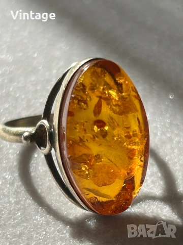 Антикварен съветски сребърен пръстен с кехлибар , снимка 8 - Пръстени - 53260437
