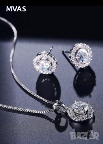 Нов дамски комплект блестящо колие и обеци цирконий, снимка 4 - Бижутерийни комплекти - 54093559