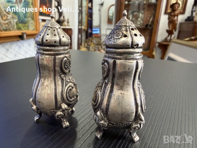 Стар сребърен комплект за сол и пипер №7941, снимка 4 - Антикварни и старинни предмети - 53810337