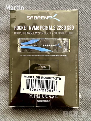 SABRENT M.2 NVMe SSD 2TB 3400MB/s Read, PCIe 3.0 X4 2280, снимка 1 - Твърди дискове - 46954069