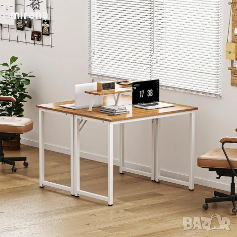 Компютърно бюро с рафтове за съхранение, дървено и метално дъбово бяло, снимка 5 - Бюра - 53238637