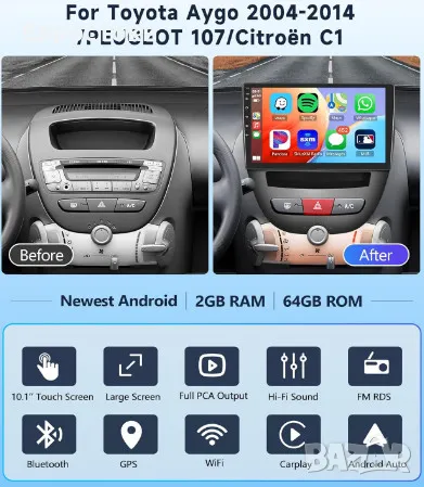 PODOFO мултимедия за Toyota Aygo/Peugeot 107/Citroen C1 2004-2014, 2+64G, Android 13, сензорен екран, снимка 6 - Аксесоари и консумативи - 49427683