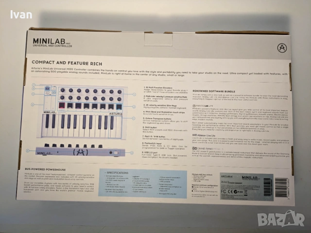 MIDI контролер Arturia MiniLab MkII, Кийборд с 25 клавиша, USB 2.0 порт, Включен софтуерен пакет, снимка 3 - Други - 53734597