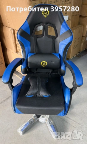 Ергономичен геймърски стол с масажна функция и поставка за крака – черно-син, снимка 7 - Столове - 53449532