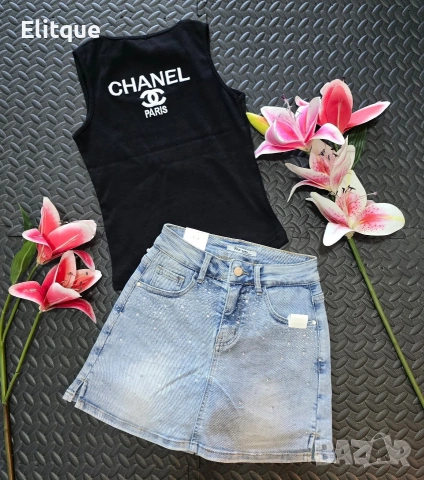дамски комплекти потник Burberry chanel и пола деним с камъни , снимка 4 - Комплекти - 53578529