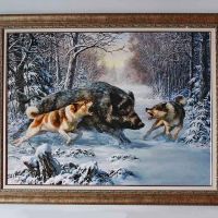 Диво прасе, глиган срещу кучета, зимен пейзаж, картина, снимка 1 - Картини - 32451799