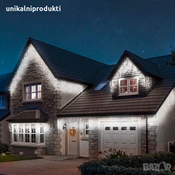 Коледни външни лампички завеса 12м х 40-50см с флаш ефект студено бяла , снимка 1