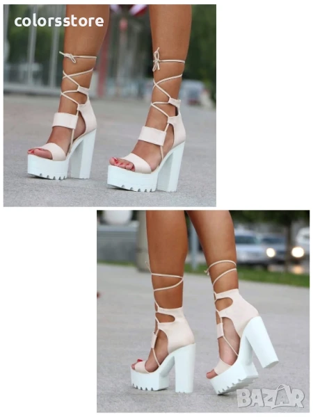 Сандали на ток - бежова кожа с бяло ходило - 403

, снимка 1