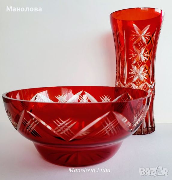 Рубинено червени, кристални ваза и купа Ilguciems Glass Factory., снимка 1
