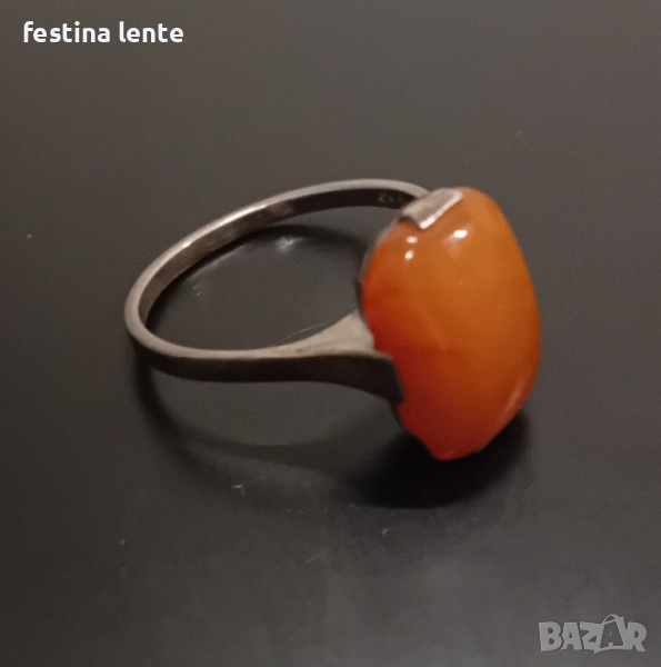 Стар руски сребърен пръстен с кехлибар, снимка 1