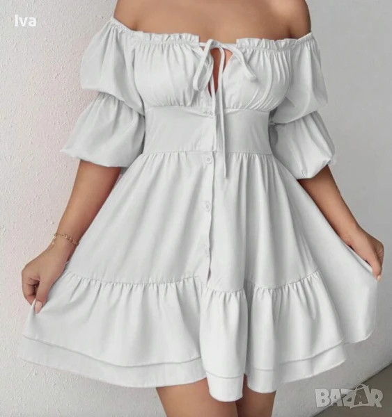 НАМАЛЕНА! Бяла разкроена рокля с паднали рамене, различни размери, снимка 1